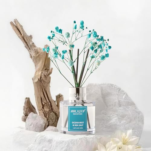 Image of Airkeep Reed Diffuser Set,1.69 fl oz (50 ml) - Ocean Mist&Sea Salt Oil Diffusers with 8 Reed Sticks,Home Fragrance Reed Diffuser for Bathroom Shelf DecorSALT