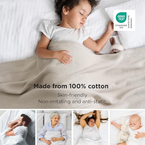 Bedsure GentleSoft 100% Cotton Blanket Queen Size for Bed - Breathable and Lightweight, Soft Cozy Textured Herringbone Woven Blanket for Summer, Linen Beige, 90x90 inches - Image 3