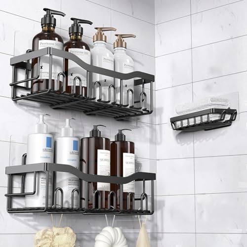 Image of Homeor 3 in 1 Rustproof Stainless Steel Self Adhesive Bathroom Shelf for Wall, Soap Dish, Racks & Shelves for Wall, Bathroom Organizer Without Drill, Adhesive Shower Caddy with Soap Holder, Black