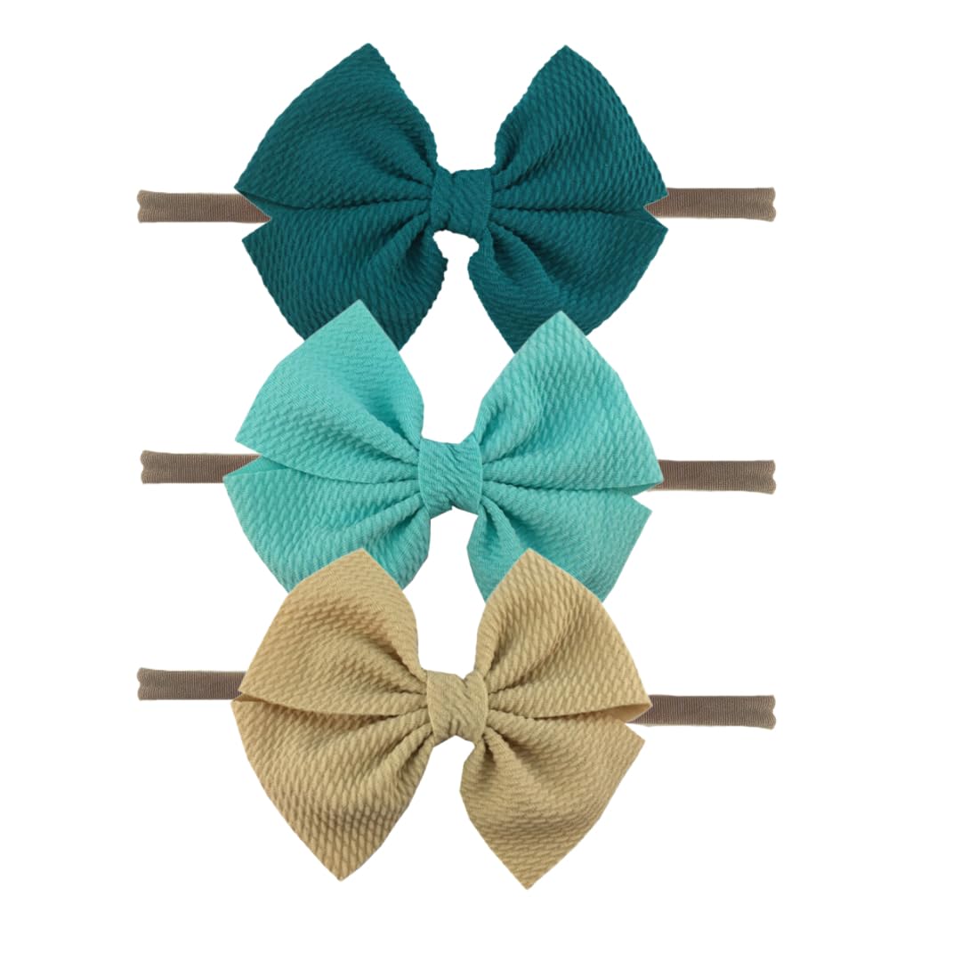 baby girls soft nylon headbands for infants and toddlers, nude band for brown and black skin tones and hair (teal, light blue, tan)