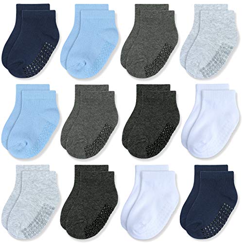 JAKIDAR 12-Pair Baby Socks Boy Non-Slip Cotton Toddler Socks Ankle Socks for Baby, Blue & Gray, 6-12 Month