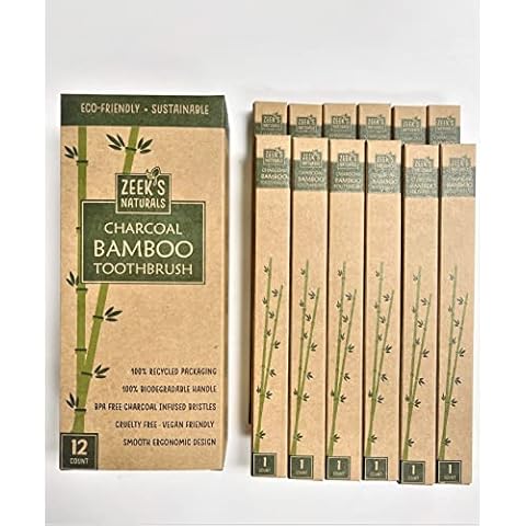 Zeek's Naturals LLC Biodegradable Eco-Friendly Natural Bamboo Charcoal Toothbrushes - Pack of 12 - Numbered - Charcoal Infused Bristles (12) Cover