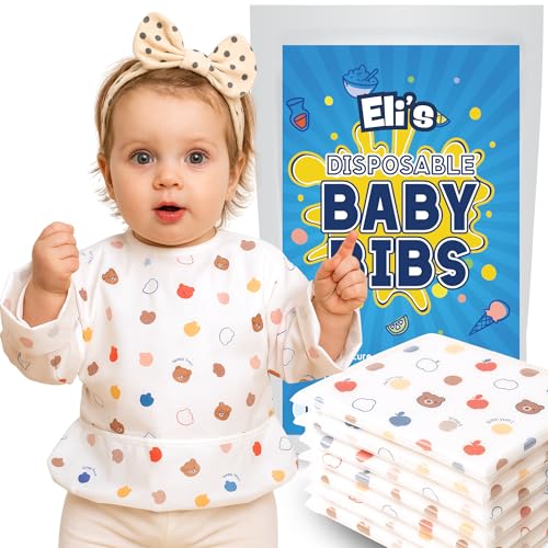 Eli with Love Disposable Bibs Individually Wrapped, Long Sleeve Bib with Crumb Catcher - Waterproof Baby Bibs For Feeding (10 pack) (Sleepy Bear)
