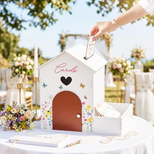 Image of Wooden Wedding Card Box Cabin-Shaped with Flower Trough & Magnetic Door