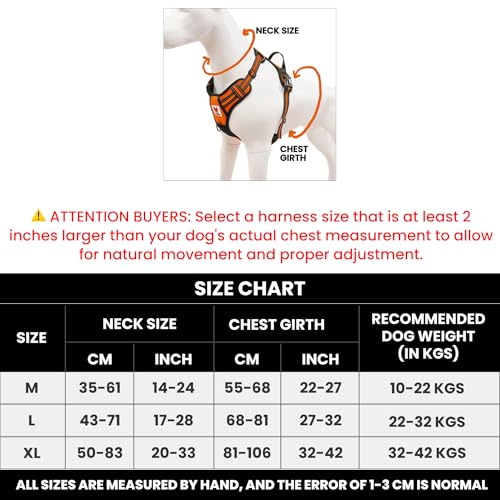 Image of Wooflix Heavy Duty Reflective Dog Harness for Big Sized Breed Dogs - No Pull, No Choke Harness for Dog with Adjustable Chest Belt with Soft Padded Handle | Orange - Size: XL (32kg to 42kg Dog)