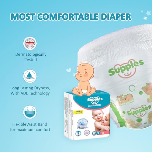 Image of Amazon Brand - Supples Premium Baby Diaper Pants | 20 Baby Diapers | Small | 4-8 Kg | 12 Hrs Absorption | Cushiony Cotton Soft Fabric | Phthalates-Free | Triple Leak Guard
