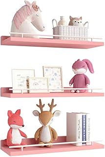 WOPITUES Floating Shelves with Metal Guardrail, Shelves for Wall Decor S...