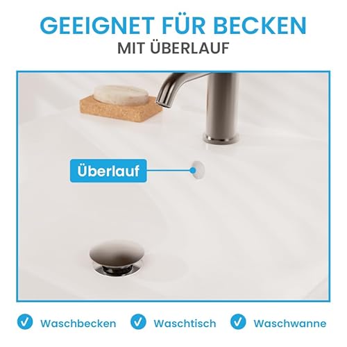 Bächlein Universal Ablaufgarnitur mit Überlauf (Anthrazit) - Pop Up Ventil für Waschbecken und Waschtisch – Ablaufventil Abflussgarnitur aus Messing mit Einbauanleitung
