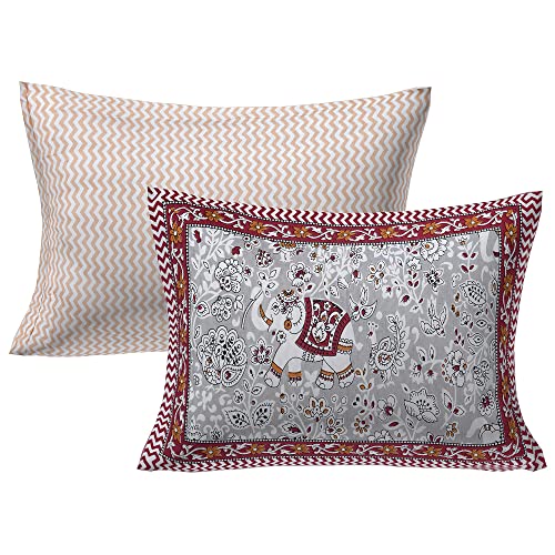 Image of Brand Elephant Printed Comfort Sleep 144 TC 100% Cotton King Size Double Bedsheet with 2 Pillow Covers, Coffee
