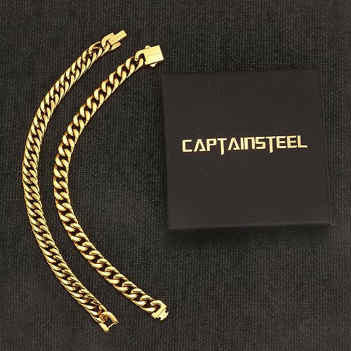 CaptainSteeL 2Pcs Cuban Link Chain Bracelet Set - Stainless Steel Bracelet, Gold Plating, Fashion Jewelry for Men, Women, Boyfriend, Lover, 7.5/8.3/9 Inches 6