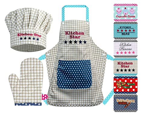 Emily´s Check Kochmütze + Küchenschürze + Topfhandschuh für Kinder - 3teiliges Set 1428.2002, Kitchen Star, Medium [7-12 Jahre] – Ansicht 1