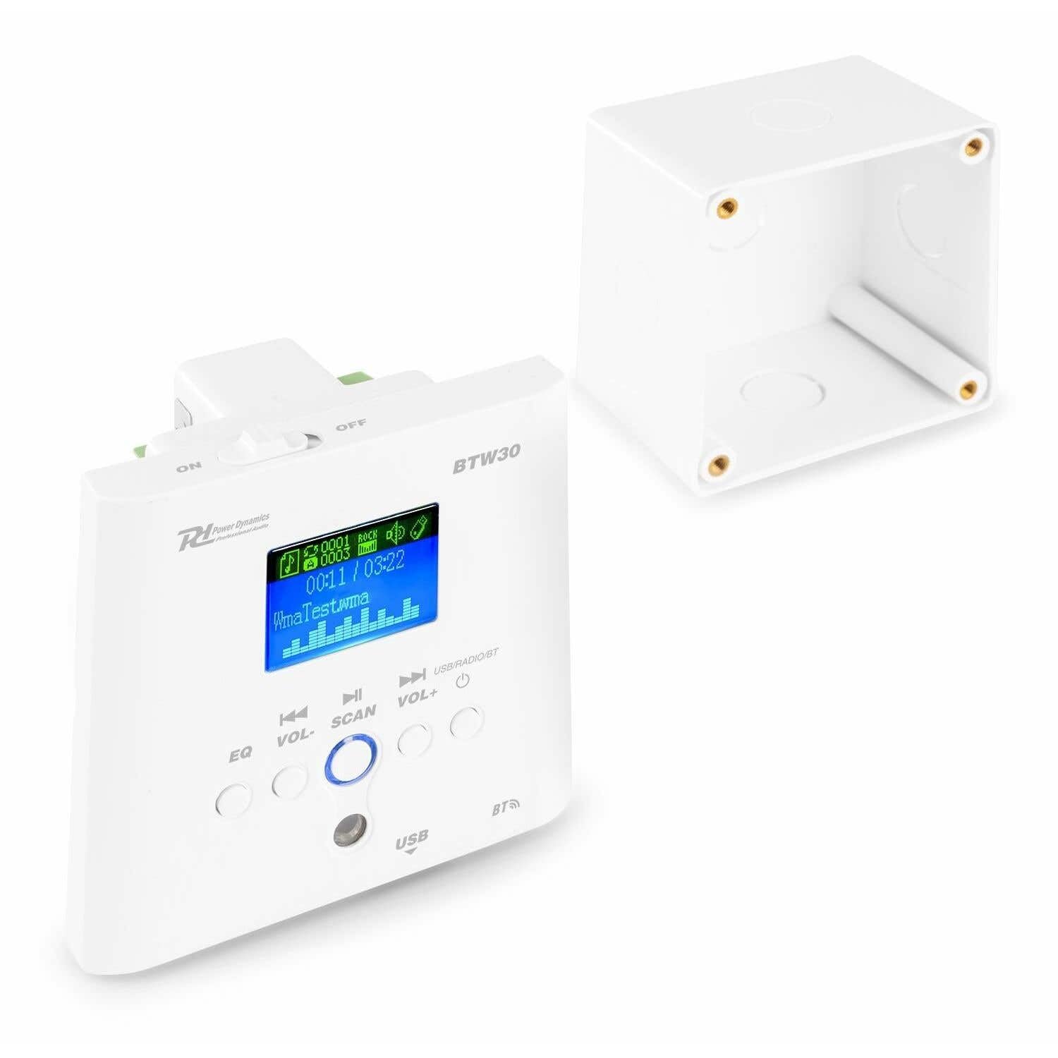 Power Dynamics BTW30 - Sistema de Audio de Pared, 2X 15 vatios, Blanco, fácil instalación, Sistema de Sonido Profesional, música Ambiental, sintonizador FM y Puerto USB, Amplificador de Clase D | Transmisión de sonido estable para música de ambiente y son
