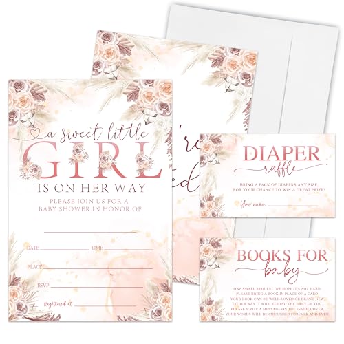 Baby Shower Invitation Set Of 25-A Sweet Little Girl Is On Her Way-Floral Double-Sided Fill In Style Invites With Diaper Raffle & Book Request Cards - Baby Gender Reveal Announcement Party Decors-A07