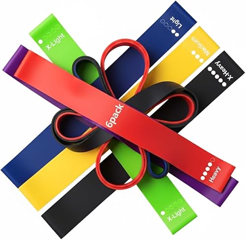 Juego de bandas de resistencia, paquete de 6 bandas de ejercicio de látex, multicolor, ligeras a extra pesadas, bandas de bucle de 12 x 2 pulgadas