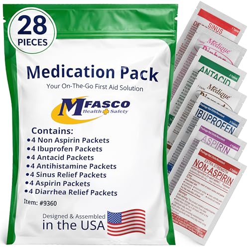 MFASCO - 7 in 1 - Travel Size Medicine Kit - TSA Approved | 28 First Aid Emergency OTC Medicine Packets for Cruise & International Travel | Compact Med Refill for Traveling & Office Assembled in USA