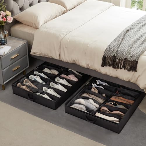 Lifewit Under Bed Shoe Storage Organizer 1 Pack(16 Shoes Cells), 4.3 Inches Profile Fabric Shoes Container Box with Clear Cover, Foldable Storage Bag with 2 Handles, Fits 8 to 16 Pairs by Lifewit - Image 9