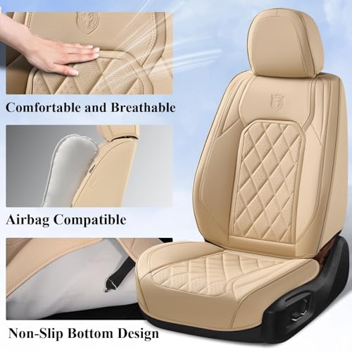 Image of Coverado Front Seat Covers, 2-Pack Luxury Faux Leather Car Seat Cover, Beige Seat Covers, Car Seat Protector Waterproof, Car Seat Cushion Driver Seat Cover Universal Fit for Most Cars, Beige
