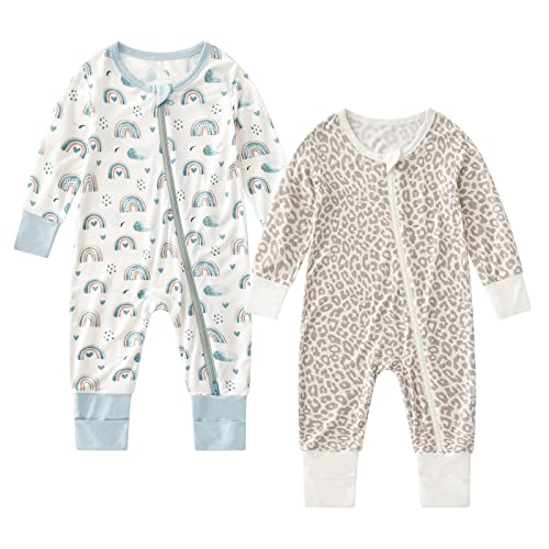 Image of OPAWO Viscose from Bamboo Baby Pajamas Girl 2pack Mittens Cuff 2 Way Zipper Soft Footless Sleeper Baby Boy One-Piece Romper