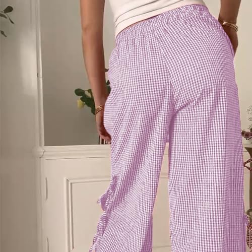 Image of Y2K Gingham Pants for Women Bow Tie Side Slit Wide Leg Lounge Bottom Plaid Checkered Loose Fit Going Out Pants