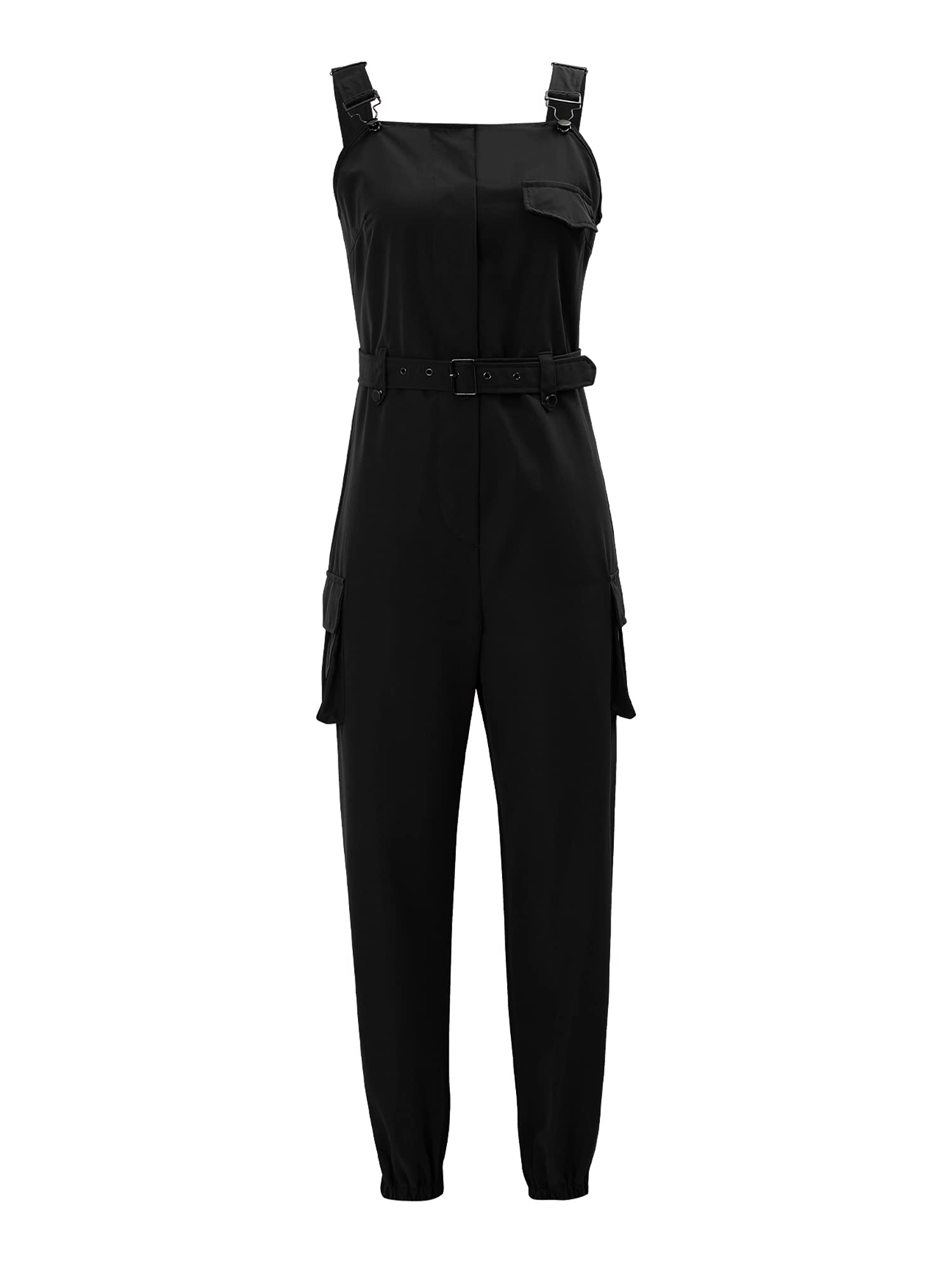 EvilibDungarees, Women's Plain Cargo Trousers with Waistband, Sleeveless Jumpsuit with Square Collar, Jumpsuit S-XXXL (Black, XL)