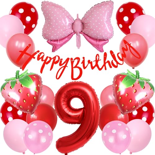 Lausatek バルーン 誕生日 9歳 風船セット HAPPY BIRTHDAY バースデー ガーランド バースデー 飾り付け 数字9 いちご 蝶結び 装飾 お祝い イベント 子ども 男の子 女の子 赤 レッド