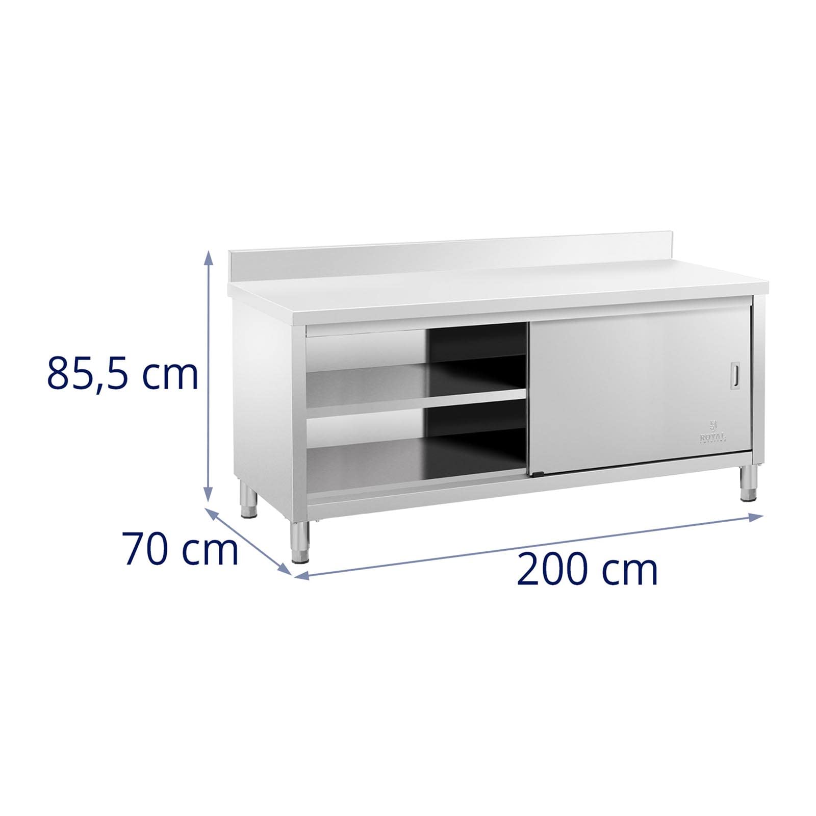 Royal Catering Tavolo Armadiato Acciaio Inox Con Alzatina Banco Da Cucina Porte Scorrevoli RCSSCB-200X70-E-B (200 x 70 cm, 600 kg)