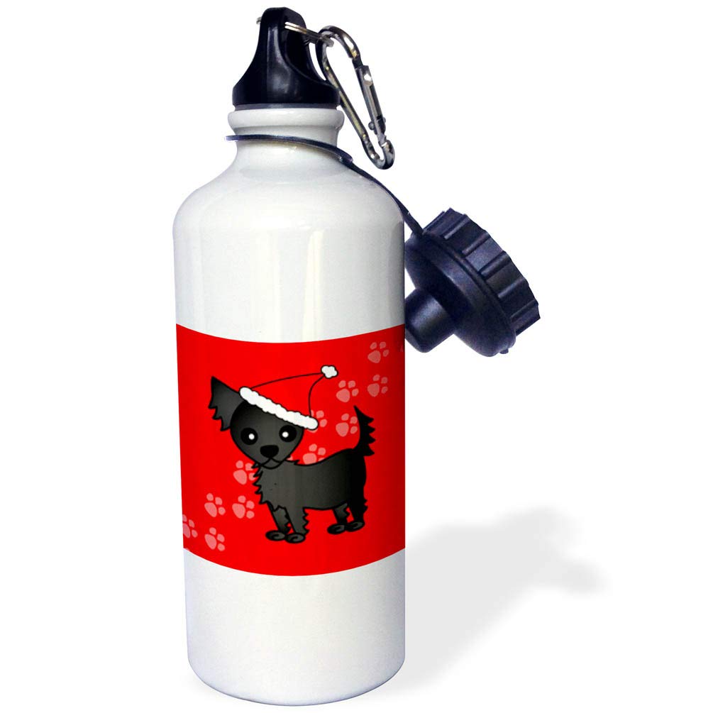 3dRose Cute Black Longhaired Chihuahua Red with Santa Hat Sports Water Bottle 21 oz White