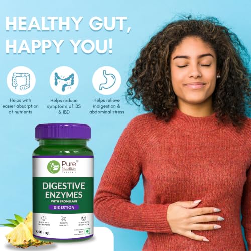 Image of Pure Nutrition Digestive Enzymes with Bromelain 840mg | Digestive Enzyme Supplement with Amylase, Lipase, Protease, Cellulase & Lactase | Supports Digestion & Nutrient Breakdown | 90 Veg Capsules
