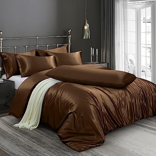 Image of Ersmak 6 Pieces Satin Duvet Cover King Size Luxury Silky Bedding Duvet Cover Set with 1 Soft Duvet Cover, 4 King Pillowcases and 1 Body Pillowcase, Brown