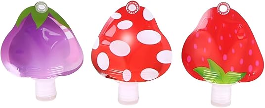 KNYUC MART Mini Travel Reusable Containers | Leakproof Pouches in Cute Red Strawberry, Red Mushroom, and Purple Brinjal Designs | Portable, Refillable for Shampoo & Lotion(30ml.,Set of 3)