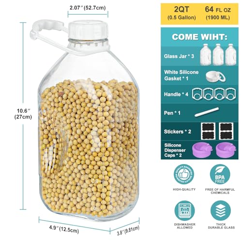 Image of Ritayedet 3 Pack 64 Oz Heavy Duty Glass Milk Bottle with Handles and 4 Reusable Airtight Kids' School Water Bottles, Lab Weighing Bottles, Lab Wash Bottles