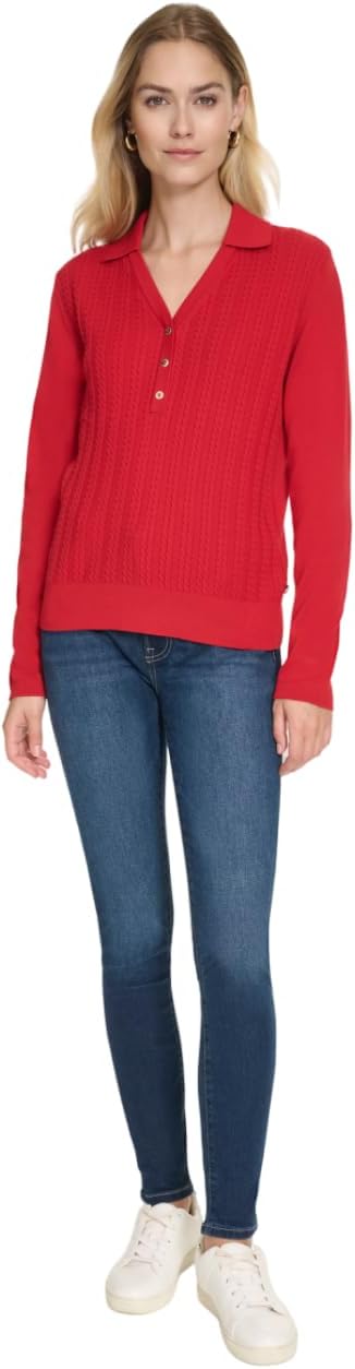 Nautica Womens V-Neck Cable Polo Long Sleeve