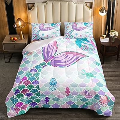 Erosebridal Mermaid Bedding Set,Nautical Sea Animal Kawaii Duvet Stuffing Full Mermaid Gifts for Girls,Fish Scale… 51d BXYp92L. SS400