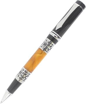 Vintage Style Carving Flower Shape Rollerball Pen Silver Clip -Black and Orange