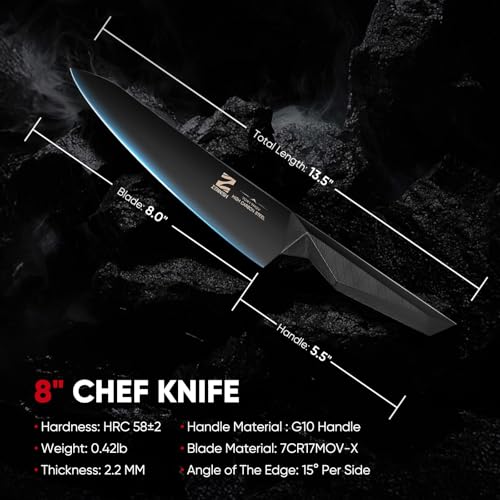 【NEW】 Chef Knife 8 Inch Obsidian Professional Kitchen Knife, High Carbon 7Cr17MoV Steel Black Titanium Nitride Coated, Non-Slip Ergonomic G10 Handle for Meat and Vegetables, Gift Box Included — view 5