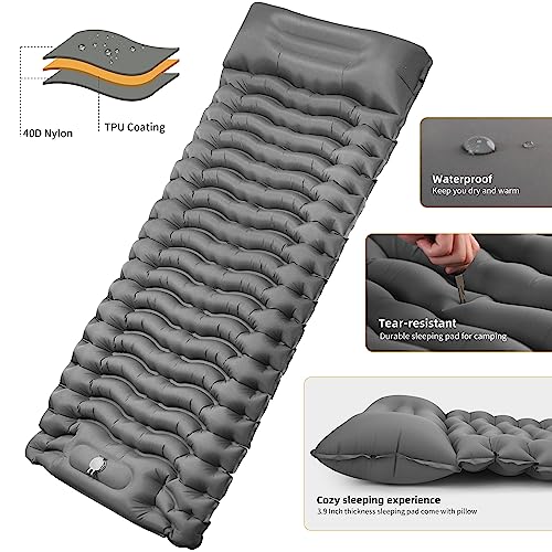 Sturme Sleeping Pad For Camping, 3.9 Inch Extra-Thick Self-Inflating Camping Mattress With Foot Pump, Compact Air Mattress Ultralight Sleeping Mat With Pillow For Backpacking, Hiking, Outdoor -Gray #TOP1