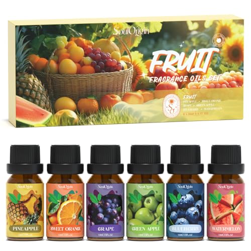 Soulorigin Fruit Essential Oils Set Fragrance Oil Set for Diffuser Scent Diffuser Oil for Candle Making- Pineapple Sweet Orange Grape Green Apple Blueberry Watermelon