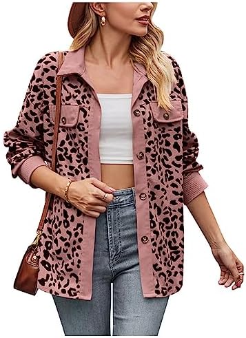 ERTUPE Womens Oversized Leopard Button Down Jacket Corduroy