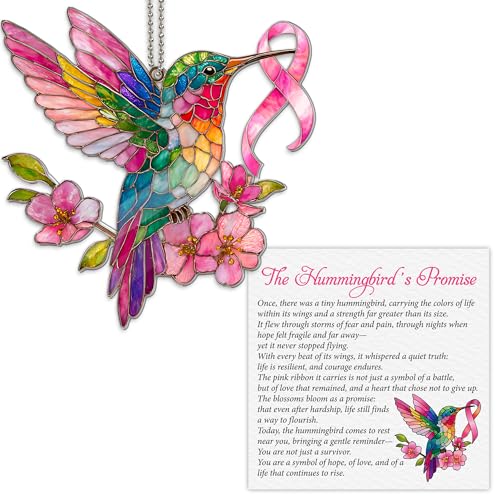 Hummingbird Breast Cancer Acrylic Suncatcher with Card, Breast Cancer Gifts for Women, Breast Cancer Awareness Accessories Decorations, Cancer Survivor Gifts, Pink Ribbon Survivor Ornament