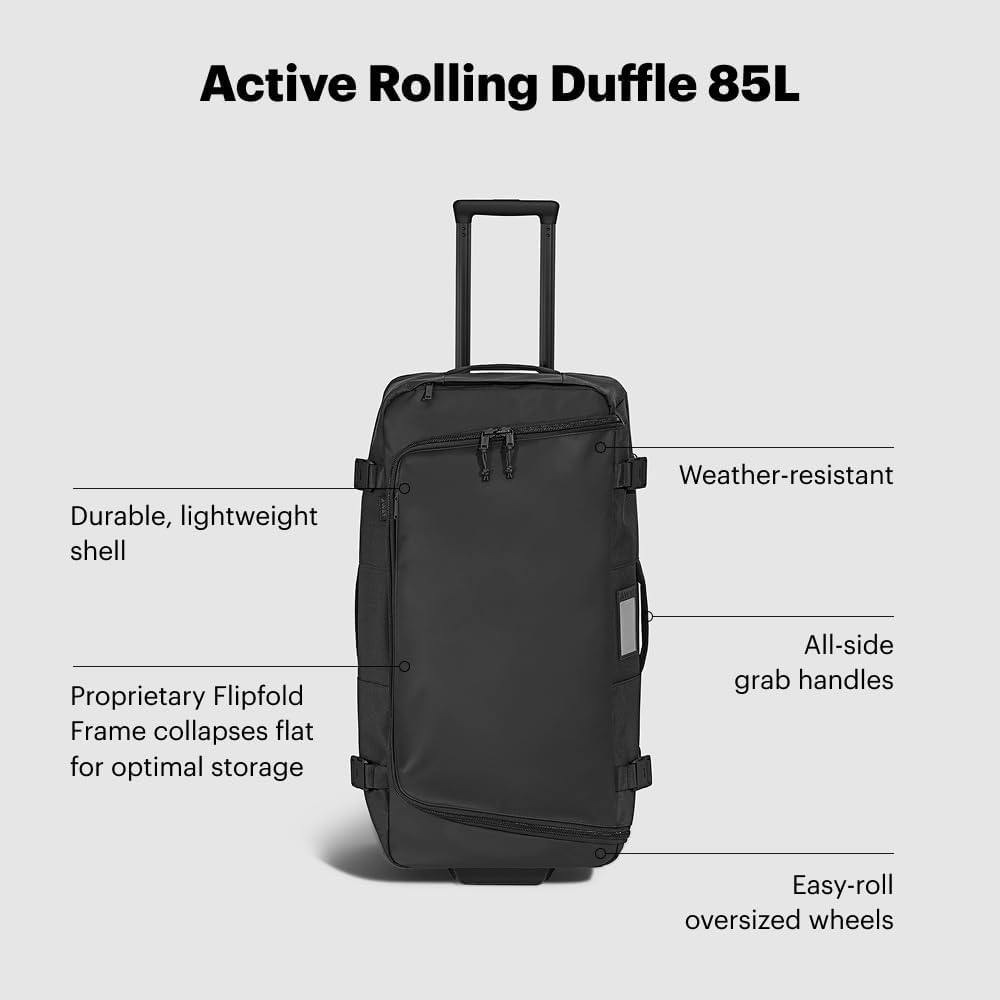 Away Active Rolling Duffle 85L - Large Travel Duffle Bag with Wheels, Durable Checked Luggage Suitcase for Men & Women, Foldable Weekender Bag, Jet Black