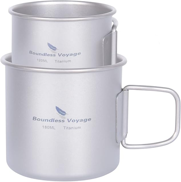 iBasingo Titanium Mini Coffee Cup Espresso Cup Ultralight 120ml & 180ml Tea Cup Travel Picnic Garden Single Layer Small Mug Outdoor Camping Drinkware with Folding Single Handle Ti3053D