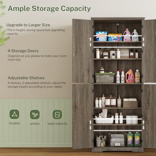 Image of TEENFON Tall Storage Cabinet, Kitchen Pantry Cabinet with 4 Shelves, Adjustable Shelves, Pantry Cabinets with 4 Barn Doors, Tall Kitchen Cabinets for Dining Room, Living Room, Dark Walnut