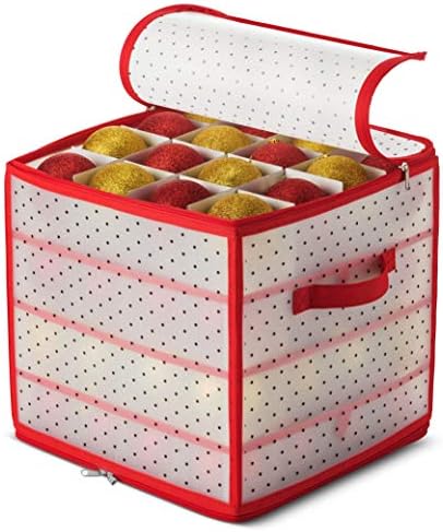 ZOBER Plastic Christmas Ornament Storage Box with 2-Sided Dual-Zipper Closure - Keeps 64 Holiday Ornaments, Xmas Decorations Accessories, 3" cube Compartments - Sturdy Flexible Plastic