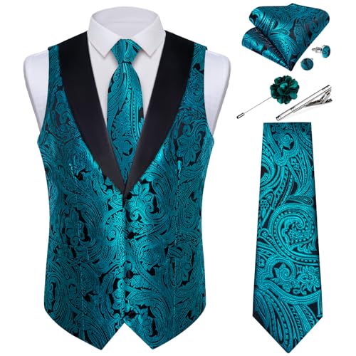 Image of DiBanGu Mens Paisley Suit Vest Silk Jacquard Waistcoat and Necktie Set Formal Shawl Collar Dress Vest 7PCS for Wedding Party