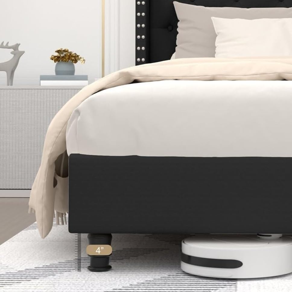 Image of Wooden Modern Upholstered Queen Size Bed for Bedroom | Wooden Double Bed Without Storage | Platform Cot Upholstered Bed with Upholstery Fabric | Engineered Wood | 6.5 x 5 Ft | Black Chosen