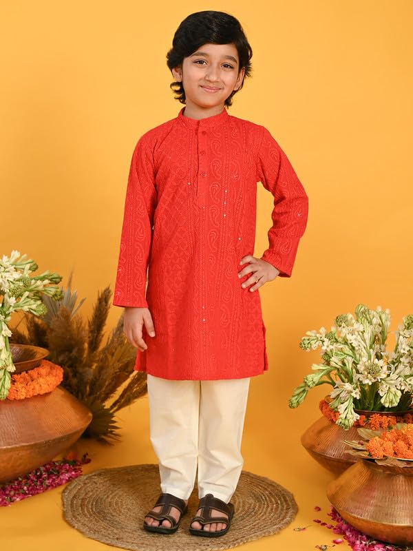 Image of Saka Designs Boy's Embroidered Kurta & Pyjamas - Red