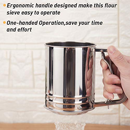 Stainless Steel Flour Sifter for Baking 3 Cup Hand-held Squeeze Sifter Double Layers Sieve with Hand Press Handle