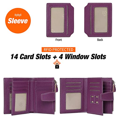 Image of GOIACII Leather Women's Wallet RFID Blocking Credit Card Holder Purple | Compact, Small, Trifold Billfold with Zipper Coin Pocket, 4 ID Windows