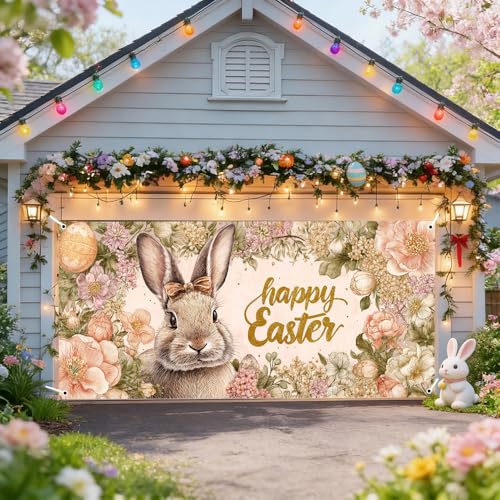 Image of Easter Garage Door Cover 157.48 x 70.87 Inch Floral Frame Cute Bunny Happy Easter Text Elegant Spring Illustration Outdoor Garage Decor Seasonal Family Celebration Spring Yard Display