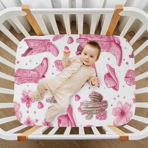 Image of Western Pinks Cowgirls Boots Crib Sheets Soft Breathable Fitted Baby Crib Sheets Mattress Cover for Girls Boys, 52 inch x 28 inch x 9 inch